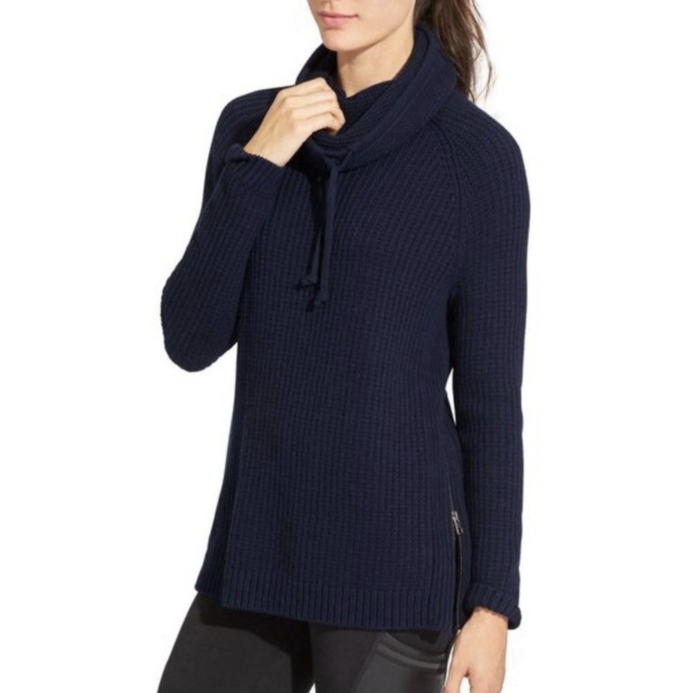Athleta Borealis Cowl Neck Merino Wool Chunky Knit Sweater Blue XL Gorpcore Cozy